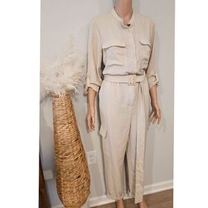 Vince Camuto Beige Cargo Pants Belted Long Sleeve Jumpsuit
